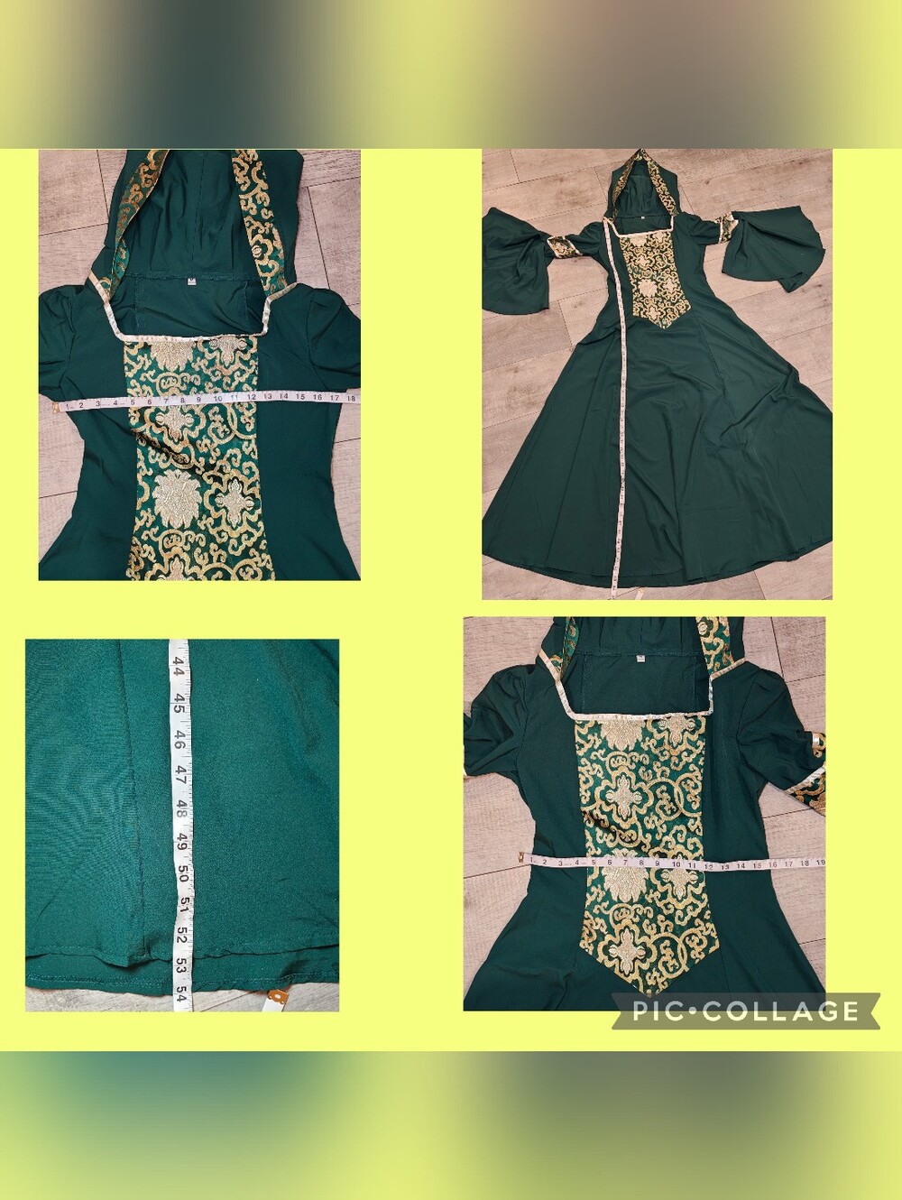 Medieval Renaissance Hooded Gown w Trumpet Sleeves & Ornate Gold Brocade Panel. - Picture 7 of 8